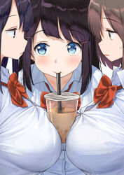 2019 3girls bangs black_hair blue_eyes blush bow bowtie breasts brown_hair bubble_tea bubble_tea_challenge cheating_(disambiguation) collared_shirt cup cute disposable_cup drink drinking drinking_straw earrings eyebrows_visible_through_hair female female_only grey_eyes hair_between_eyes hair_ornament hairclip jewelry kaisen_chuui large_breasts long_hair looking_at_another multiple_girls object_on_breast original purple_hair red_neckwear school_uniform shirt short_hair sidelocks simple_background sweatdrop tapioca_challenge white_background