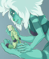 2girls cartoon_network gem_(species) gem_fusion green_skin limb_enhancers malachite_(steven_universe) medium_breasts multiple_girls nude peridot_(steven_universe) saofish size_difference steven_universe yuri