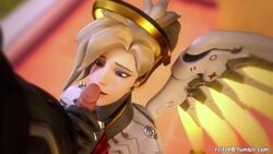 1boy 1girls 3d animated blackwatch_reyes blonde_hair blue_eyes both_hands_on_cock clothed clothing duo fellatio female fritzhq looking_at_penis male mechanical_halo mechanical_wings mercy no_sound oral overwatch penis ponytail reaper shirt straight video white_skin wings