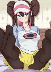 1girls absurdres ass big_toes blue_eyes blush breasts brown_hair double_bun eye_contact feet female foot_fetish hat human legs_up long_hair looking_at_viewer nintendo pantyhose pokemon pokemon_bw2 rosa_(pokemon) self_empl0yed shirt sitting skirt smile spread_legs toes twintails wide_hips