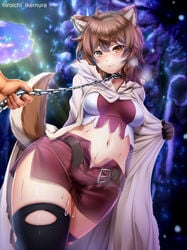 belly_button blush brown_eyes brown_fur brown_hair cat_ears chains cloak collar dungeon_ni_deai_wo_motomeru_no_wa_machigatteiru_darou_ka gloves ikemura_hiroichi liliruca_arde looking_at_viewer ripped_clothing ripped_stockings skirt smile smiling smiling_at_viewer stockings submissive sweat sweatdrop sweating tail tail_raised tattered_clothing undone_belt wet wet_pussy white_fur