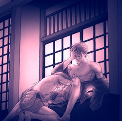 2boys architecture censored clothed_sex cum dog_tags east_asian_architecture fellatio fujiwara_kagetoki harukanaru_toki_no_naka_de harukanaru_toki_no_naka_de_3 hinoe_(harukanaru_3) indoors kajiwara_kagetoki kiske male_focus mosaic_censoring multiple_boys nipples oral penis sex short_hair spread_legs sweat toned toned_male yaoi