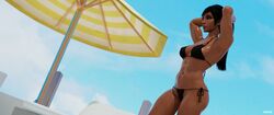 1girls 3d abs armpits arms_up athletic bare_midriff bare_shoulders beach beach_umbrella big_breasts bikini black_bra black_hair black_thong blender bra breasts cleavage clothed_female dark-skinned_female dark_hair dark_skin female female_focus female_only large_breasts midriff navel overwatch pharah pose side-tie_bikini side-tie_panties solo standing string_bikini sweat thong toned toned_female vekkte