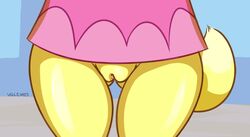 animal_crossing anthro bottomless canid canine canis clothed clothing crotch_shot domestic_dog faceless_female female front_view fur genitals isabelle_(animal_crossing) mammal nintendo pussy scott_ramsoomair solo vglewds video_games yellow_body yellow_fur yellow_tail