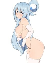 aqua_(konosuba) ass bangs bare_shoulders bikini blue_eyes blue_hair blush breasts choker cowboy_shot elbow_gloves eyebrows_visible_through_hair female from_side gloves groin hair_between_eyes hair_ornament hair_rings highres kono_subarashii_sekai_ni_shukufuku_wo! large_breasts leaning_forward long_hair looking_at_viewer parted_lips seihekiog shiny shiny_hair shiny_skin sidelocks simple_background skindentation solo standing string_bikini swimsuit thick_thighs thighhighs thighs underboob untied untied_bikini very_long_hair white_background white_bikini white_gloves white_legwear