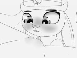 anthro big_eyes bite biting_lip clitoral_hood disney duo female female/female furfe genitals hat headgear headwear humanoid imminent_oral judy_hopps lagomorph leporid looking_at_pussy mammal monochrome pussy rabbit scrunchy_face shy sketch yuri zootopia