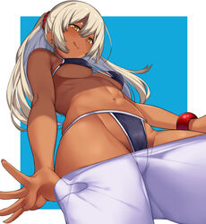 :q bare_shoulders bikini black_bikini blonde_hair bracelet breasts brown_eyes contrapposto cowboy_shot dark_skin earrings female foreshortening from_below grey_hair hai_ookami hair_between_eyes jewelry long_hair looking_at_viewer looking_down medium_breasts navel original pants_pull pantyhose pantyhose_pull ponytail simple_background solo stud_earrings swimsuit thighs tongue tongue_out underboob yellow_eyes