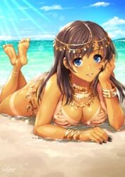 1girls bangle barefoot beach black_nails blue_eyes bracelet breast_press breast_squish breasts brown_hair cleavage crossed_ankles fate/grand_order fate_(series) female female_only head_rest highres jewelry large_breasts long_hair looking_at_viewer lying mata_hari_(fate) nail_art nail_polish necklace on_stomach parted_lips sakiyamama sand signature smile solo tan tanline water wet