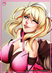 1girls alternate_costume big_breasts blonde_hair blue_eyes blush female female_only headband heal_slut healslut mercy one_eye_closed overwatch pink_mercy solo tongue tongue_out twintails