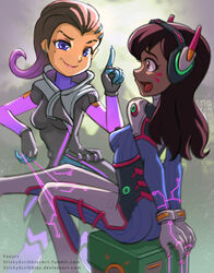 2girls arms_behind_back bondage brown_eyes brown_hair d.va dyed_hair female_only hacked headgear headphones headset imminent_rape overwatch purple_eyes purple_hair sombra stickyscribbles