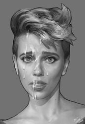 1girls black_and_white celebrity close-up cum cum_on_face face female female_only grayscale grey_background greyscale justsomenoob lips looking_at_viewer monochrome outline photorealism portrait realistic scarlett_johansson shaved_side shaved_sides short_hair solo tomboy undercut wide_eyed