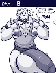 a0n a0nmaster a0nsecretroom alcohol anthro beverage big_breasts big_pecs big_penis breasts canid canine canis clothed clothing collar comic domestic_dog english_text genitals huge_cock hyper hyper_genitalia hyper_penis male male_only mammal muscular myiko nordic_sled_dog pecs penis samoyed solo spitz text weight_gain