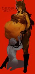 1boy 1girls big_belly big_breasts boots brown_hair claws collar leash meatflavor orange_skin outie_navel painting_(artwork) red_background ripped_clothing scared slave stomach_bulge sweat vore wolf_girl yellow_eyes