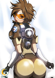 ass big_ass brown_hair chronal_accelerator dat_ass embarrassed from_behind_position fully_clothed mitgard-knight overwatch tracer