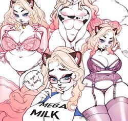 1girls anthro bell_collar blonde_hair blue_eyes bottom_lip cat_ears choker chubby chubby_female dialogue_bubble feline_humanoid fluffy_tail huge_breasts human_face latex_gloves lingerie lipstick looking_at_viewer maidfrills original_character seductive slightly_chubby voluptuous wavy_hair white_body