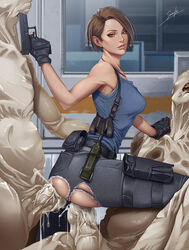 1girls 2boys anal anal_penetration double_penetration female firearm glock gun handgun human jill_valentine jill_valentine_(sasha_zotova) looking_back male resident_evil resident_evil_3 resident_evil_3_remake sex threesome vaginal_penetration weapon zombie