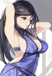 arms_up big_breasts black_hair blue_dress bow breasts cleavage dress final_fantasy final_fantasy_vii final_fantasy_vii_remake huge_breasts lace large_breasts long_hair pose purple_dress red_eyes ribbon ribbons short_dress side_view sideboob tifa_lockhart tomas_(kaosu22) tomasupso2