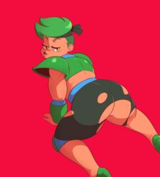 all_fours big_ass big_butt chubby green_guts green_hair heels looking_at_another ok_k.o.!_let's_be_heroes okaylevy presenting_hindquarters red_background seductive seductive_smile short_hair shortstack solid_color_background thick_thighs torn_clothes torn_clothing torn_legwear