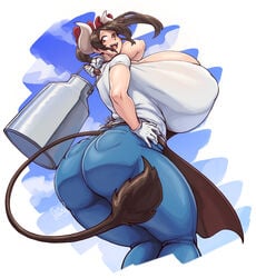 1girls absurd_res animal_humanoid animal_tail ass big_ass big_breasts black_hair bottomwear bovid bovid_humanoid breasts cleavage clothed clothing cloud cow_girl curvy_figure dmxwoops female female_only gigantic_breasts glistening glistening_body glistening_clothing glistening_hair glistening_skin hair hand_behind_head hand_on_hip hi_res hips holding_object horn horns huge_breasts humanoid light_body light_skin long_hair looking_at_viewer looking_back looking_down mammal mammal_humanoid open_mouth pale-skinned_female pale_skin pants pose side_boob side_view sideboob simple_background sky smile solo sukimi_(hataraki_ari) tail tail_tuft teeth thick_thighs thighs tight_clothing tongue top_heavy topknot tuft voluptuous white_background white_clothing white_horn wide_hips yellow_eyes