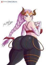 aliza_(granblue_fantasy) ass dat_ass demon_girl female granblue_fantasy horns huge_ass huge_breasts long_hair mrstudmuffin pants purple_hair red_eyes sideboob smiling thick_thighs twintails