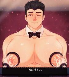 1boy animal_print bara bara_tiddies bara_tits big_breasts big_pecs black_bowtie black_hair bowtie bowtie_only busty erect_nipples francis_mosses huge_breasts huge_pecs huge_pectorals human human_only light-skinned_male light_skin looking_at_viewer male male_chest male_focus male_milking male_nipples male_only manboobs milk_squirt milking milking_breasts milking_cum milking_machine milking_machine_on_male milkman moan moaning moobs muscular muscular_male nipples one_eye_closed pecs pectorals solo solo_focus solo_male standing sweat sweating text text_box that's_not_my_neighbor