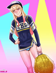 1boy andava andavaverse bulge cheerleader erection_under_clothes femboy girly jade_(dross) looking_at_viewer male male_cheerleader male_only penis_under_clothes trap