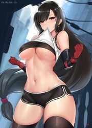 alternate_outfit armor black_hair cyi cyicheng earring female female_only final_fantasy final_fantasy_vii final_fantasy_vii_remake gloves long_hair looking_at_viewer midriff mouth outfit_variant ponytail red_eyes shiny_skin short_shorts shorts solo stomach tank_top thick thick_thighs thighhighs thighs tifa_lockhart tight_clothing underboob