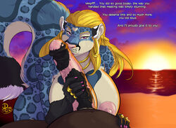 anthro beach belly big_breasts big_penis blonde_hair blue_body blue_fur bodily_fluids breasts claws cloud colored_nails cum duo duo_(artist) ear_piercing english_text equid equine erection eyelashes felid female first_person_view fur genital_fluids genitals gloves_(marking) hair handjob heart hi_res horse huge_breasts interspecies jewelry lipstick long_hair looking_at_viewer makeup male male_pov mammal markings mature_female nails necklace nipples nude outside pantherine penile penis penis_kissing piercing pink_eyes pink_lipstick pink_nose pubes ring seaside sex slightly_chubby snow_leopard spots straight sunset text tiffany_valentine