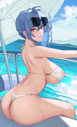 1girls absurdres armpits ass azur_lane back bikini blue_hair blush breasts covered_erect_nipples eagle_union_(azur_lane) earrings eyewear_on_head female hands_out_of_frame highres jewelry large_breasts light-skinned_female light_skin looking_at_viewer official_alternate_costume official_alternate_hairstyle outstretched_arm parasol red_eyes seductive seductive_look seductive_smile side_ponytail sitting solo st._louis_(an_afternoon_on_the_lido_deck)_(azur_lane) st._louis_(azur_lane) sunglasses swimsuit thighs umbrella water wet white_bikini yaoshan_shi