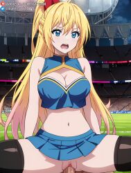 ai_generated anime blonde_hair blue_eyes bondage cheerleader cheerleader_outfit cowgirl_position kirisaki_chitoge large_breasts nisekoi ranwai sex stable_diffusion vaginal_penetration vaginal_sex