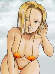 adjusting_hair android_18 bikini blonde_hair blue_eyes breasts clavicle cleavage clothing dragon_ball dragon_ball_z earrings eye_contact female female_only grin highleg highleg_bikini jewelry large_breasts leaning_forward looking_at_viewer megasweet micro_bikini navel orange_bikini orange_swimsuit short_hair smile solo swimsuit thigh_gap thighs