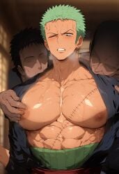 ai_generated aru_(pixiv1293902) gay green_hair male male_focus male_only muscular muscular_male nipple_play nipple_tweak one_piece post-timeskip roronoa_zoro threesome touching_nipples ugly_bastard ugly_man yaoi