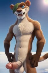 20th_century_fox 20th_century_studios ai_generated bardel_entertainment big_penis blue_eyes brown_fur buck_(ice_age) casual_nudity disney disney+ erect_penis erection eye_patch furry grin hand_on_hip ice_age_(series) looking_at_viewer male male_focus male_only muscular muscular_male mustelid naked naked_male slim_male smile smiling_at_viewer snow tan_fur teeth teeth_showing the_ice_age_adventures_of_buck_wild vein veiny_penis weasel