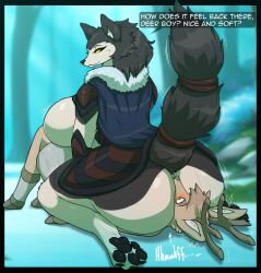 anthro anthro_only asaneman deer female female_on_top large_ass large_breasts partially_clothed sitting_on_person tail text wolf wolf_girl wolf_tail