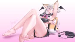 1girls annytf black_panties breasts clothed feet fox fox_ears panties pink_toenails short_skirt skirt succubus underboob virtual_youtuber vtuber