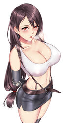 1girls arms_behind_back bare_shoulders belt big_breasts black_skirt blush breasts breath brown_hair cleavage compression_sleeve deep_cleavage earrings erect_nipples erect_nipples_under_clothes female female_only final_fantasy final_fantasy_vii from_above gloves heavy_breathing hips hot_breath huge_breasts kneehighs large_breasts leather_skirt long_hair looking_at_viewer looking_up midriff midriff_baring_shirt miniskirt nipple_bulge nipples open_mouth ponytail puffy_nipples red_eyes short_skirt shy skirt socks solo solo_female steam stomach suspenders sweat tank_top thick thick_thighs thighs tifa_lockhart tight_clothing tight_fit visible_breath white_shirt wide_hips