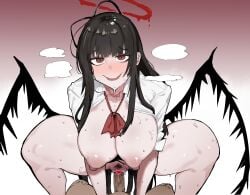 1boy black_hair black_wings blue_archive blush breasts censored commentary_request cowgirl_position cowgirl_position erection female female_pubic_hair fujou_joshi halo heart heart_censor highres large_breasts long_hair nipples open_mouth penis pov pubic_hair red_eyes red_halo sex shirt smile solo_focus squatting_cowgirl_position straddling straight sweat tsurugi_(blue_archive) vaginal_penetration very_long_hair white_shirt wings