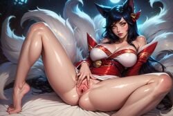 1girls 9_tails ahri ai_generated breasts clitoris female fox_ears furry_hybrid league69 league_of_legends legs_apart long_hair looking_at_viewer no_panties solo spread_pussy thighs yellow_eyes