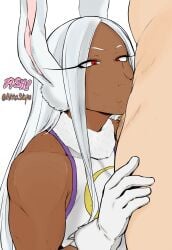 1boy :&gt;= animal_ears artist_collaboration bare_shoulders boku_no_hero_academia breasts clothed_female_nude_male colorized crescent_print dark-skinned_female dark_skin deepthroat english_commentary fellatio female fur_collar gloves highres large_breasts leotard long_eyelashes long_hair mirko mirkosimps nude oral out_of_frame parallaxfused parted_bangs rabbit_ears rabbit_girl red_eyes saliva sleeveless_turtleneck_leotard straight taut_leotard testicles toned_female white_gloves white_hair white_leotard