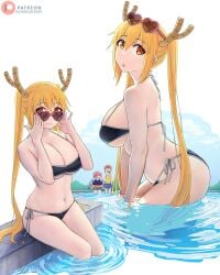 3girls :3 blonde_hair cleavage dismaiden dragon_humanoid female female_only horns large_breasts long_hair looking_at_viewer miss_kobayashi's_dragon_maid pool side_view sideboob sunglasses tohru_(dragon_maid) trio twintails underboob