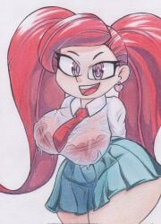 aiba_manami color colored_pencil_(artwork) female fully_clothed gurmescop la_brava_(my_hero_academia) my_hero_academia pencil_(artwork) red_hair school_uniform shortstack solo twintails wet_clothes wet_shirt