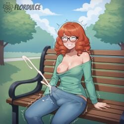 1futa ai_generated covered_penis cum cumming cumshot curly_hair ejaculating_cum ejaculation ejaculation_under_clothes erect_penis erection erection_under_clothes erection_under_clothing flordulce freckles futa_only futanari ginger glasses green_eyes green_shirt happy jeans nipple off_shoulder one_breast_out orange_hair orgasm outdoors pants park park_bench penis rolling_eyes sitting solo_futa teeth trembling