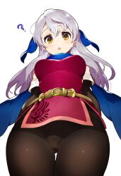 1girls :o ? ai_generated arms_behind_back bangs belt black_gloves black_pantyhose blue_ribbon blue_scarf blush breasts cameltoe cowboy_shot dress elbow_gloves fire_emblem fire_emblem:_radiant_dawn foreshortening from_below gloves grey_hair hair_ribbon jewelry leggings long_hair looking_at_viewer looking_down medium_breasts micaiah_(fire_emblem) novelai open_mouth pantyhose ribbon scarf self-upload short_dress side_slit simple_background sleeveless sleeveless_dress solo standing thigh_gap thighs upskirt white_background white_hair yellow_eyes