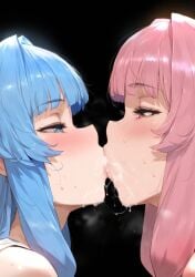 ai_generated blue_eyes blush cum_kiss drooling incest kissing kotonoha_akane kotonoha_aoi pink_eyes pink_hair saliva sisters sweat voiceroid yuri