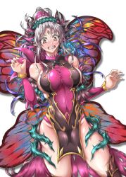 1girls bare_shoulders bare_thighs blush bodystocking boots breasts confusion covered_navel embarrassed fairy fairy_wings female female_only fire_emblem fire_emblem_heroes fully_clothed grey_hair inner_thighs large_breasts long_hair looking_down multicolored_hair nintendo open_mouth pelvic_curtain plumeria_(fire_emblem) pointy_ears ponytail red_eyes shoulders sideboob solo thigh_boots thighs very_long_hair violet_migu18 white_background wings