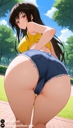 ai_generated ass ass_focus bent_over black_hair brown_eyes covered_nipples covered_pussy crop_top denim_shorts from_behind gumi_arts kotegawa_yui looking_at_viewer looking_back outdoors smile stable_diffusion to_love-ru