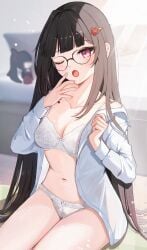 1girls ;o black-framed_eyewear black_hair blurry_background bra breasts cleavage collared_shirt depth_of_field doll female glasses hair_ornament hairpin highres honkai:_star_rail honkai_(series) long_hair medium_breasts navel one_eye_closed panties petite pink_eyes ranran_3939 shirt solo sparkle_(honkai:_star_rail) teardrop unbuttoned unbuttoned_shirt underwear very_long_hair white_bra white_panties white_shirt yawn