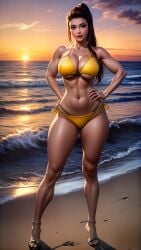 1girls abs ai_generated athletic_female beach big_breasts bikini blizzard_entertainment brigitte brigitte_lindholm brown_eyes brown_hair curvy_female female female_only hand_on_hip large_breasts light-skinned_female light_skin looking_at_viewer muscular_arms outside overwatch overwatch_2 ponytail sandals sunset swimsuit thick_thighs waifulickerr water wide_hips