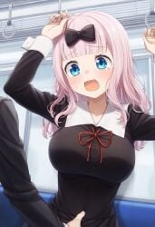 1girls ai_generated blue_eyes breasts busty chikan female fingering fujiwara_chika kaguya-sama_wa_kokurasetai_~tensai-tachi_no_renai_zunousen~ large_breasts molestation open_mouth pink_hair school_uniform schoolgirl tears train wavy_mouth