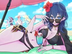 2boys 3girls alternate_costume anger_vein beach beach_umbrella bikini black_bikini black_swimsuit blonde_hair blue_eyes blue_hair blue_sky breasts brown_hair byleth_(female)_(fire_emblem) byleth_(female)_(summer)_(fire_emblem) byleth_(fire_emblem) byleth_(fire_emblem)_(female) byleth_(summer)_(fire_emblem)_(female) cleavage cloud day dorothea_arnault dorothea_arnault_(summer) drinking_straw female_focus fire_emblem fire_emblem:_three_houses fire_emblem_heroes flower food from_behind glass green_eyes hair_between_eyes hair_flower hair_ornament haruteke hat highres holding ice_cream ice_cream_float ingrid_brandl_galatea ingrid_brandl_galatea_(summer) jewelry long_hair lorenz_hellman_gloucester lorenz_hellman_gloucester_(summer) lying male male_swimwear multiple_boys multiple_girls necklace nintendo official_alternate_costume on_side outdoors polearm purple_hair red_hair short_hair sky solo_focus sunglasses swim_briefs swimsuit sylvain_jose_gautier sylvain_jose_gautier_(summer) tassel topless_male umbrella weapon